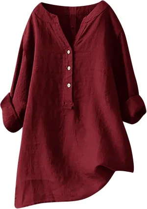 Women Summer Linen Shirts 3/4 Sleeve Cotton Blouse V Neck Button Tunic Tops Trendy Dressy Causal Clothing 2024