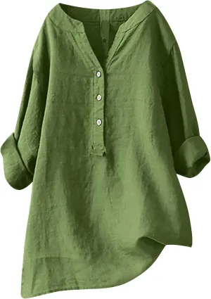 Women Summer Linen Shirts 3/4 Sleeve Cotton Blouse V Neck Button Tunic Tops Trendy Dressy Causal Clothing 2024