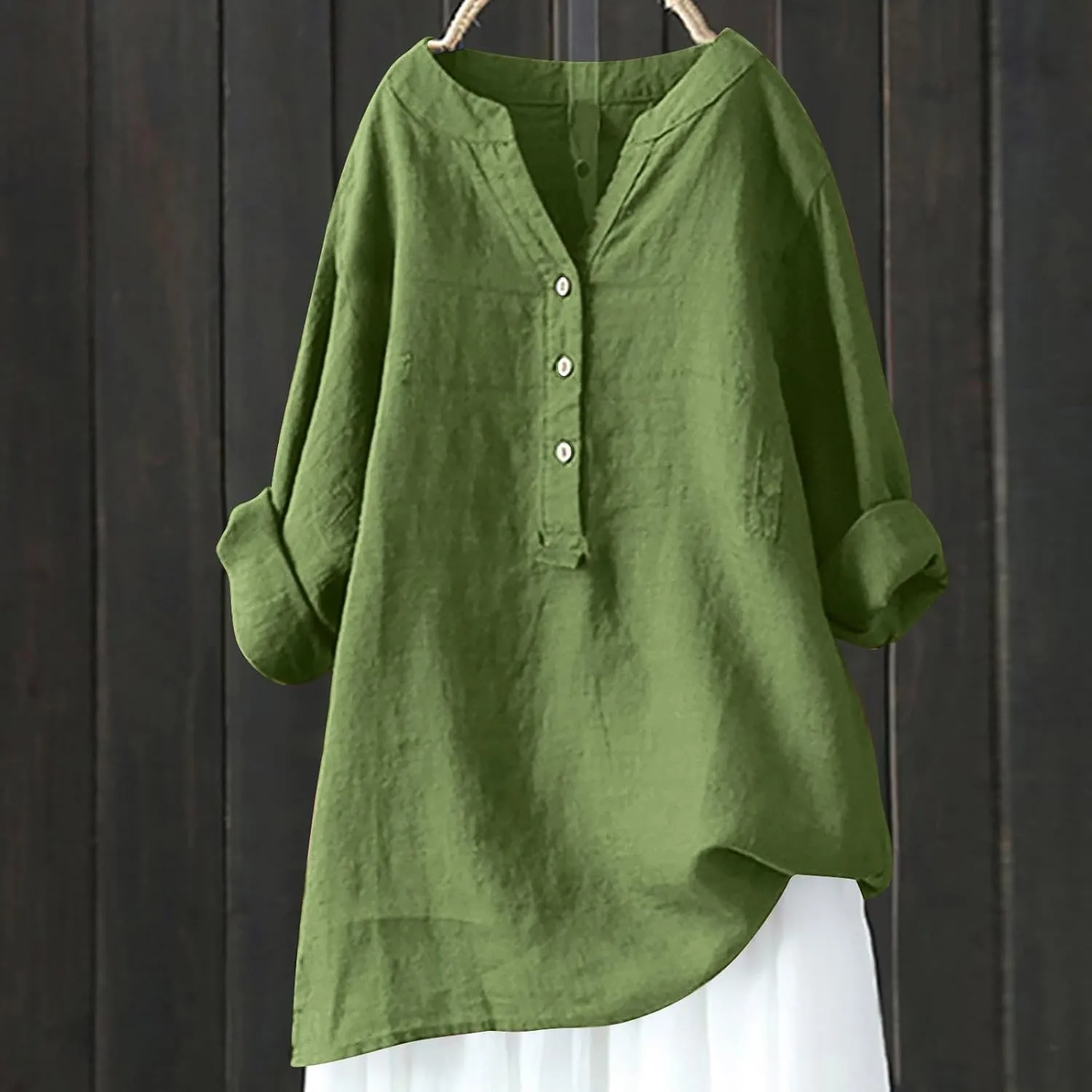 Women Summer Linen Shirts 3/4 Sleeve Cotton Blouse V Neck Button Tunic Tops Trendy Dressy Causal Clothing 2024