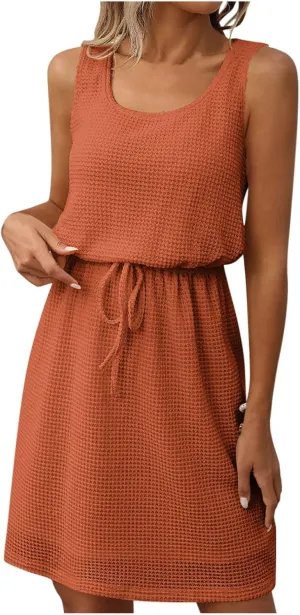Women Summer Midi Dresses Drawstring Tie Up Elastic Hollow Out Eyelet Slim Elegant Vacation Shift Tank Dress