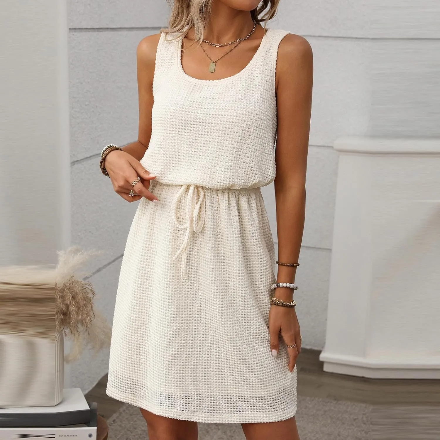 Women Summer Midi Dresses Drawstring Tie Up Elastic Hollow Out Eyelet Slim Elegant Vacation Shift Tank Dress