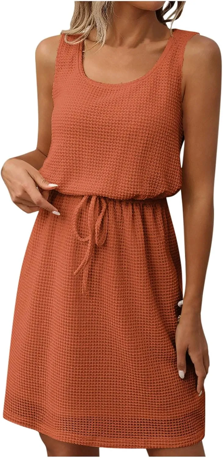 Women Summer Midi Dresses Drawstring Tie Up Elastic Hollow Out Eyelet Slim Elegant Vacation Shift Tank Dress