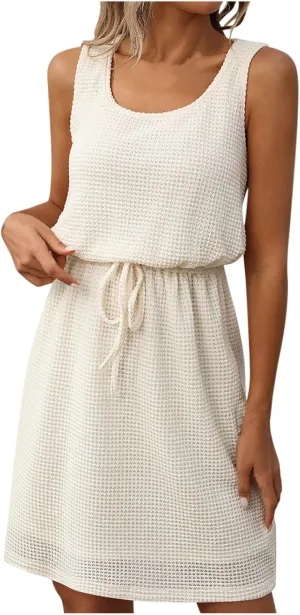 Women Summer Midi Dresses Drawstring Tie Up Elastic Hollow Out Eyelet Slim Elegant Vacation Shift Tank Dress