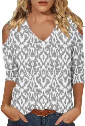 Womens 3/4 Sleeve Cold Shoulder Tops V Neck Vintage Floral Shirts Casual Shirts Dressy Blouse Trendy Tshirts Cute Tees