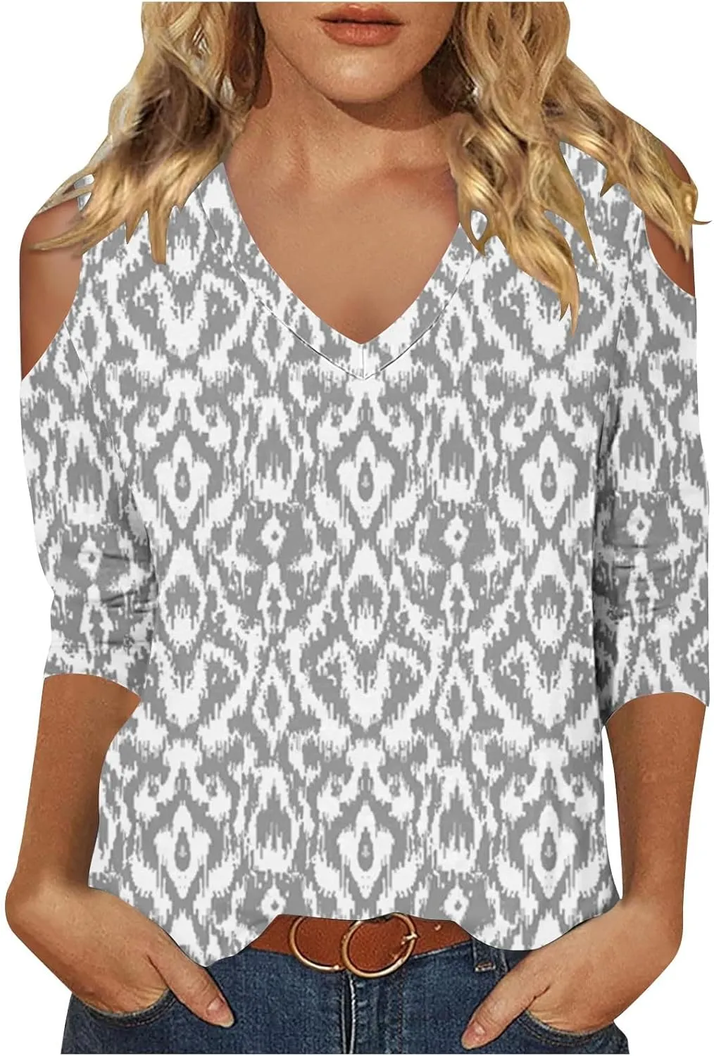 Womens 3/4 Sleeve Cold Shoulder Tops V Neck Vintage Floral Shirts Casual Shirts Dressy Blouse Trendy Tshirts Cute Tees