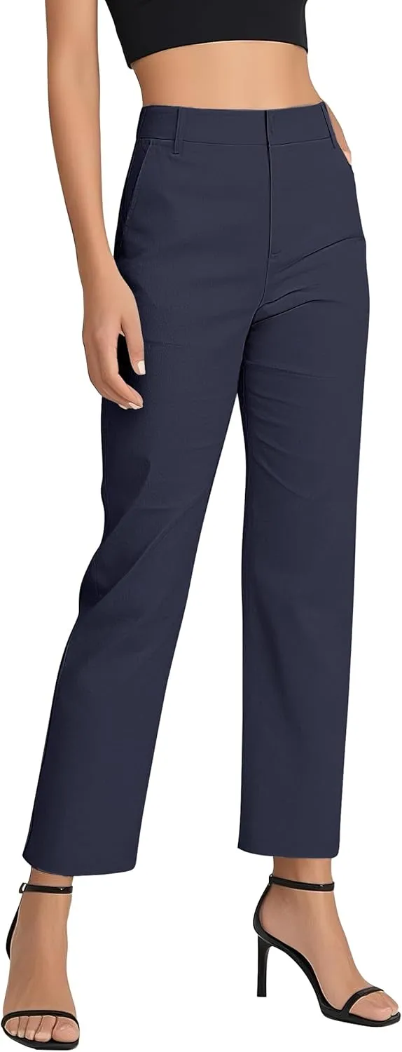 Women's Business Straight Leg Dress Pants Elastic Waist Zipper Closure Work Trousers with Pockets