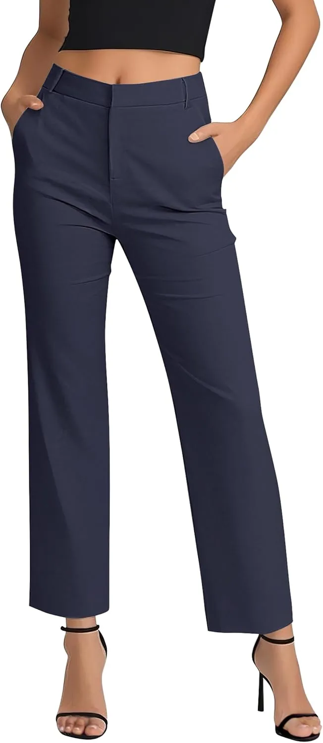Women's Business Straight Leg Dress Pants Elastic Waist Zipper Closure Work Trousers with Pockets