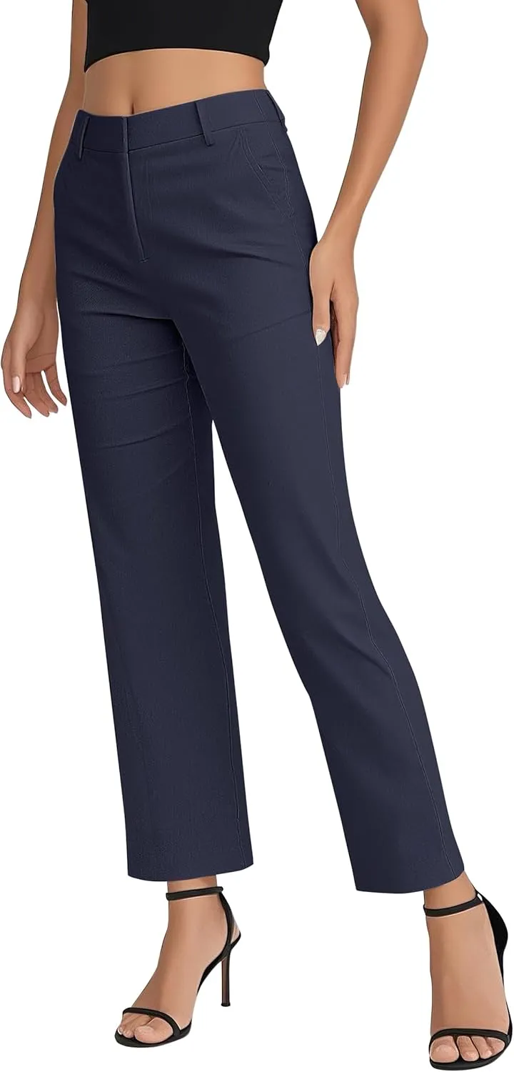 Women's Business Straight Leg Dress Pants Elastic Waist Zipper Closure Work Trousers with Pockets