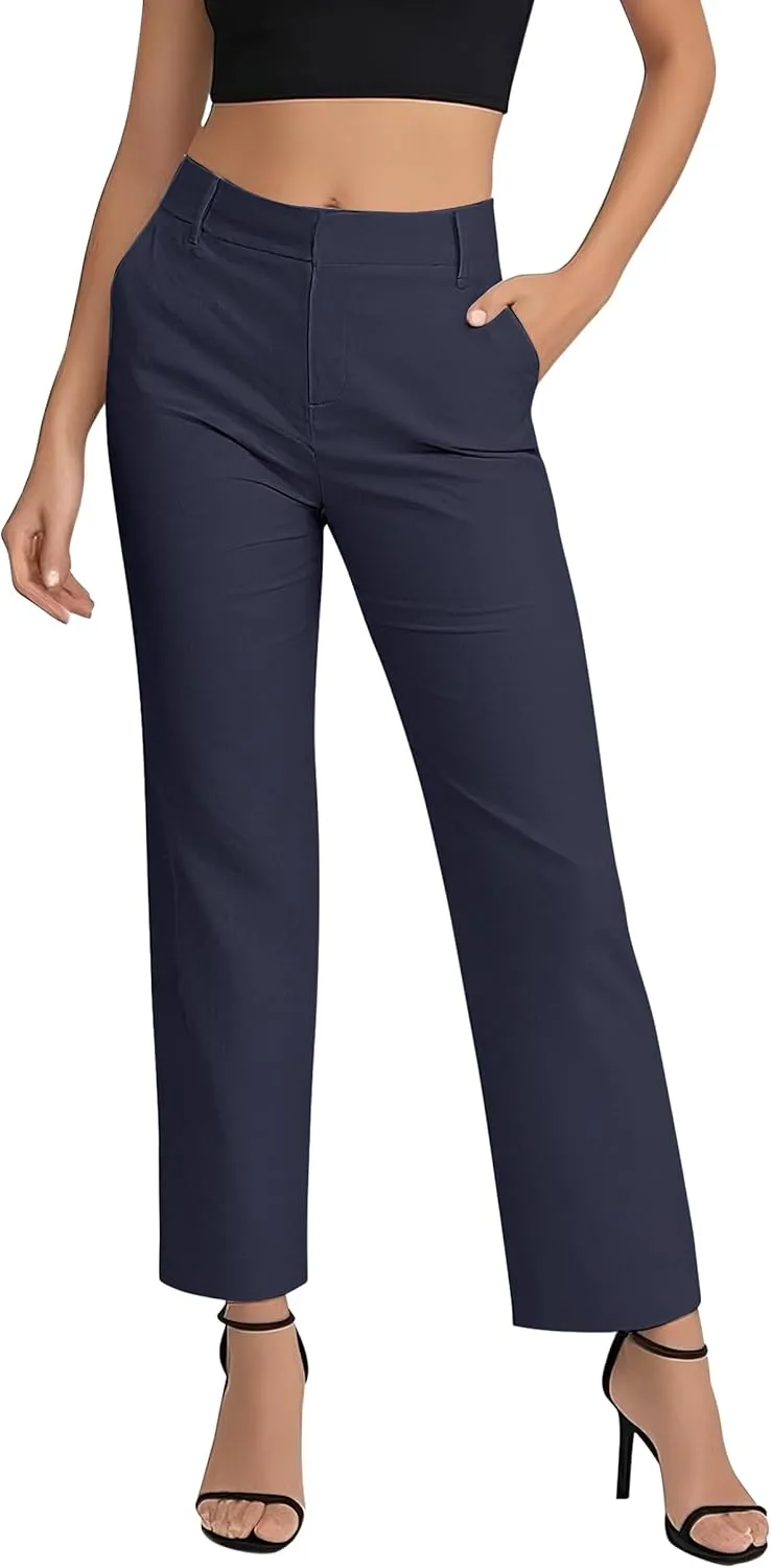 Women's Business Straight Leg Dress Pants Elastic Waist Zipper Closure Work Trousers with Pockets