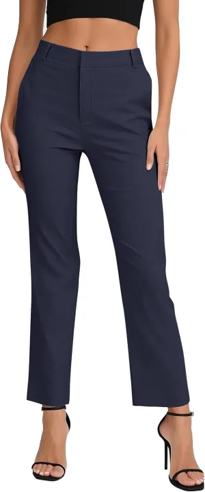 Women's Business Straight Leg Dress Pants Elastic Waist Zipper Closure Work Trousers with Pockets