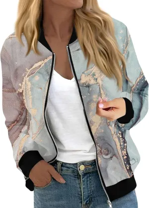 Women's Casual Floral Zip Up Bomber Jacket - Lightweight Long Sleeve Stand Collar Coat for Spring and Fall 2024