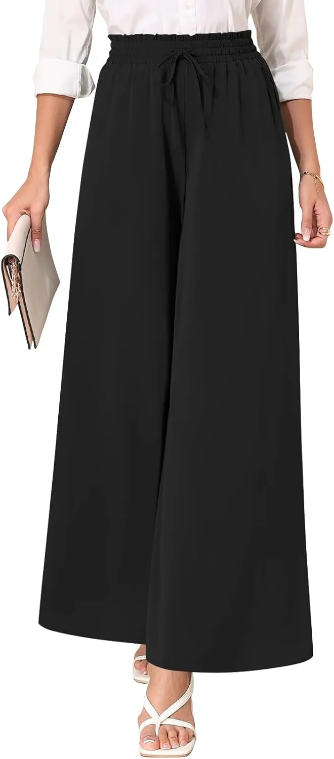 Women's Chiffon Dressy Pants High Waist Casual Wide Leg Long Palazzo Pants Loose Trousers with Pockets