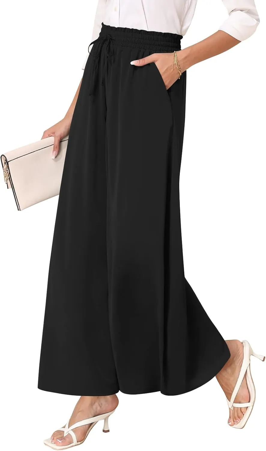 Women's Chiffon Dressy Pants High Waist Casual Wide Leg Long Palazzo Pants Loose Trousers with Pockets