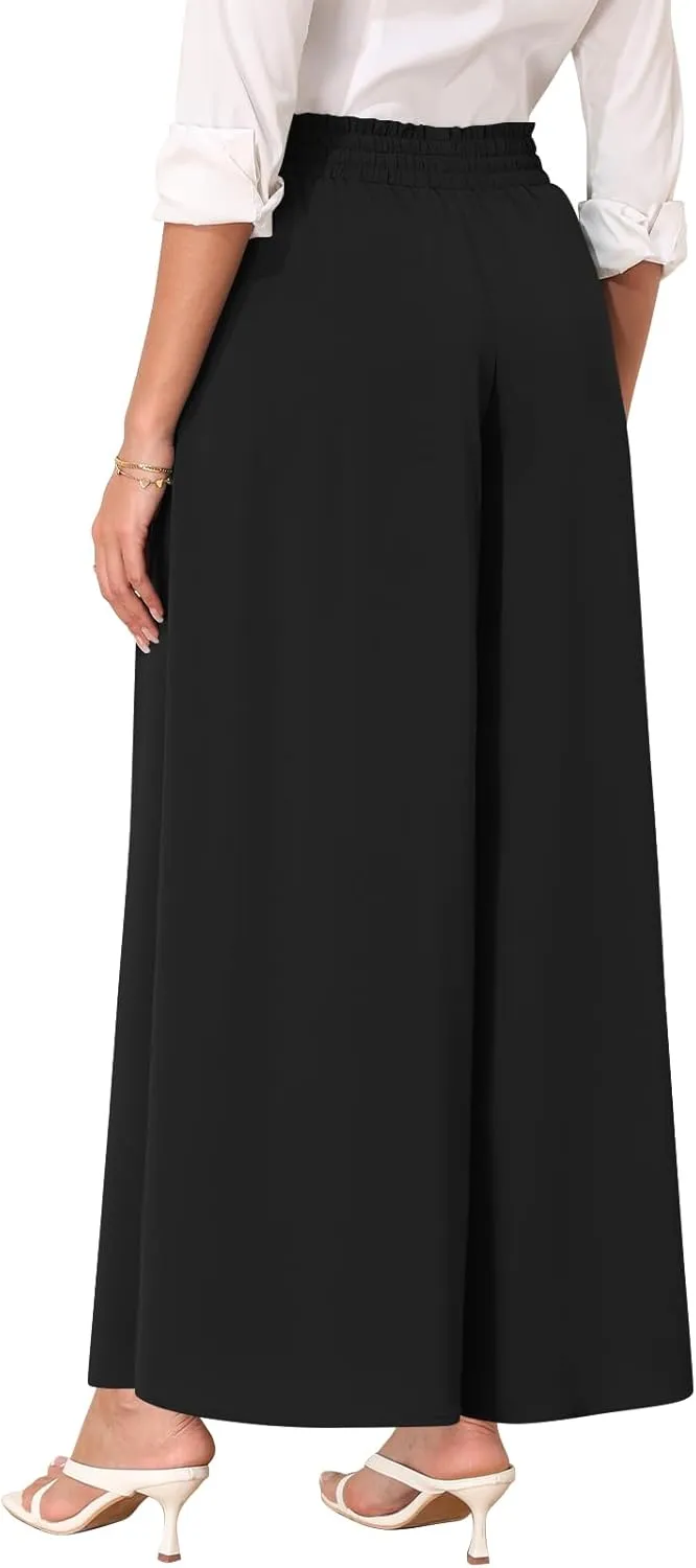 Women's Chiffon Dressy Pants High Waist Casual Wide Leg Long Palazzo Pants Loose Trousers with Pockets