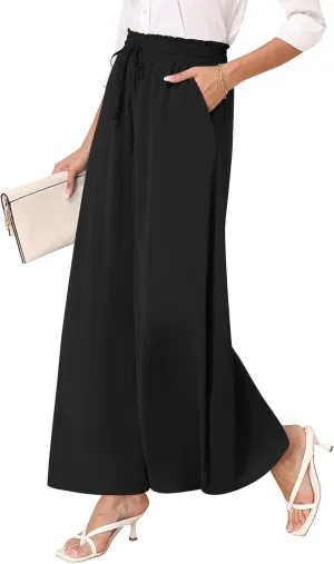 Women's Chiffon Dressy Pants High Waist Casual Wide Leg Long Palazzo Pants Loose Trousers with Pockets