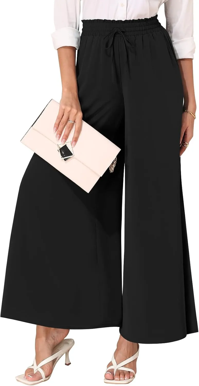 Women's Chiffon Dressy Pants High Waist Casual Wide Leg Long Palazzo Pants Loose Trousers with Pockets