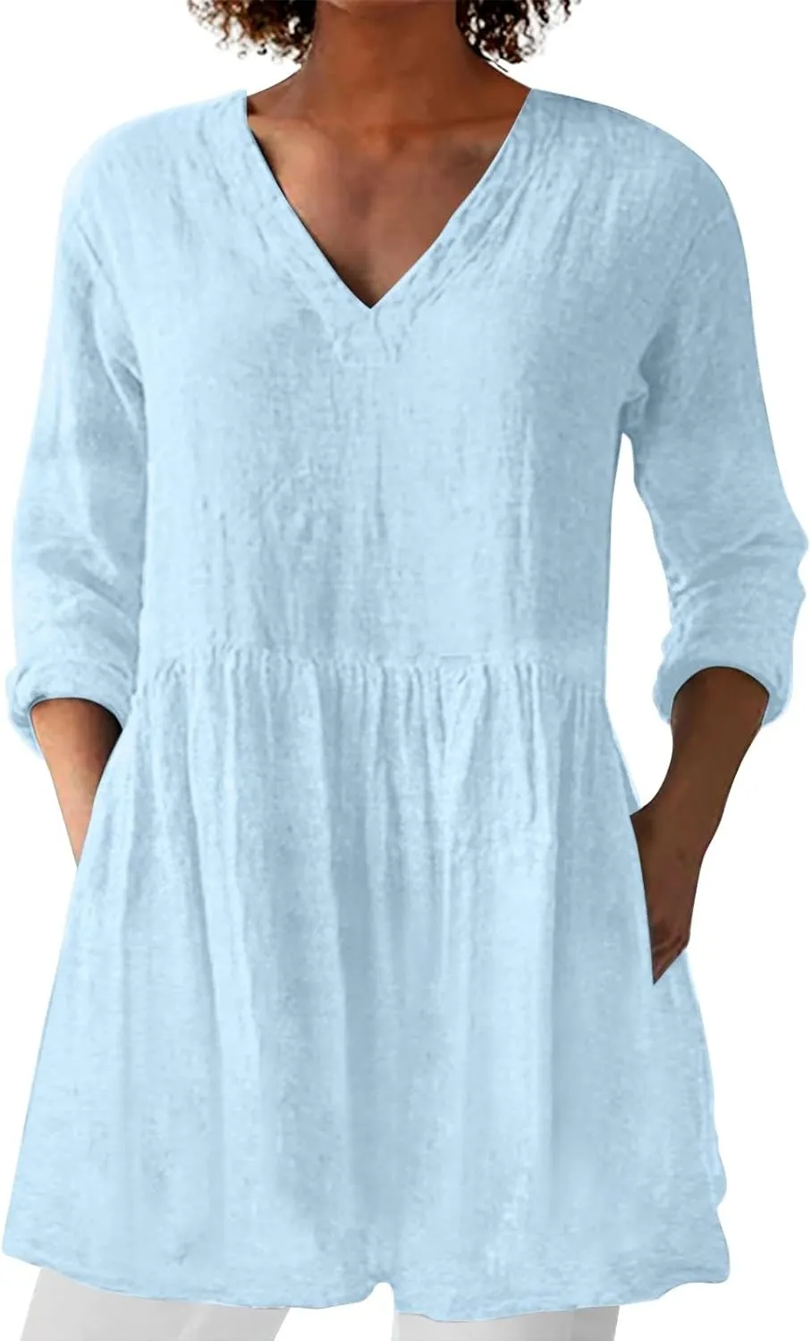 Womens Cotton Linen High Low Flowy Tunic Tops Casual V Neck Long Sleeve Loose Oversized Blouse Summer Beach Shirts