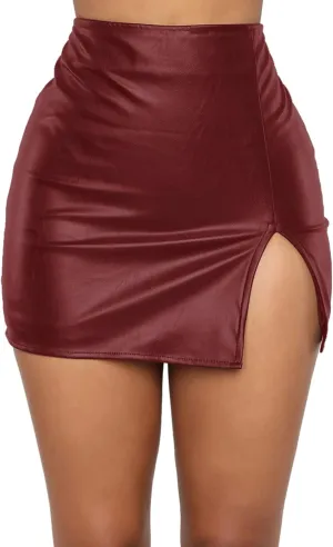 Women??s High Waist Short Skirts Pu Leather Bodycon Mini Skirts Sexy Split Hem Mini Pencil Skirts for Club