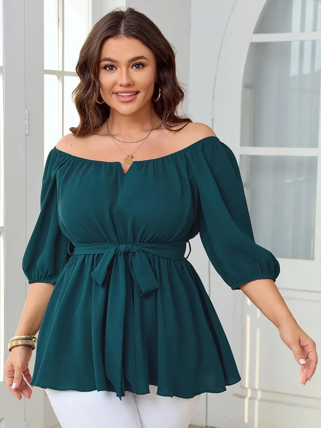 Women's Plus Size Square Neck Peplum Blouses Dressy Tops 3/4 Puff Sleeve Empire Waist Tie Ruffle Hem Babydoll Top