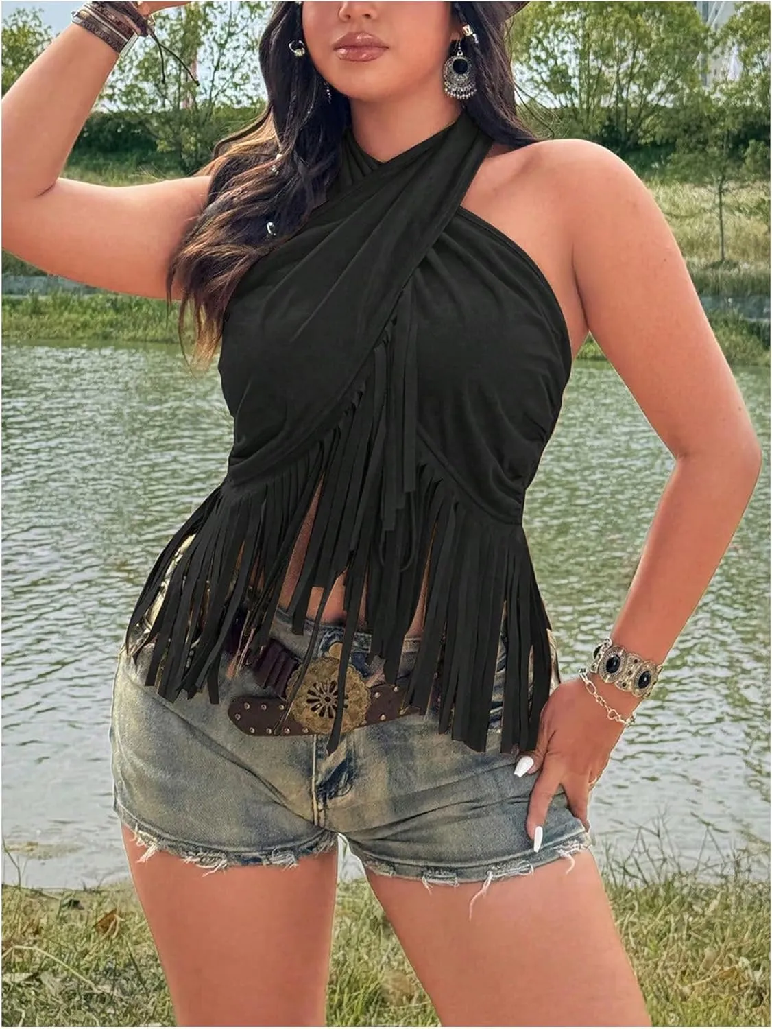 Women's Plus Size Tassel Halter Crop Tops Boho Hippie Fringe Tie Backless Cowgirl Tank Shirt 1970s Outfits