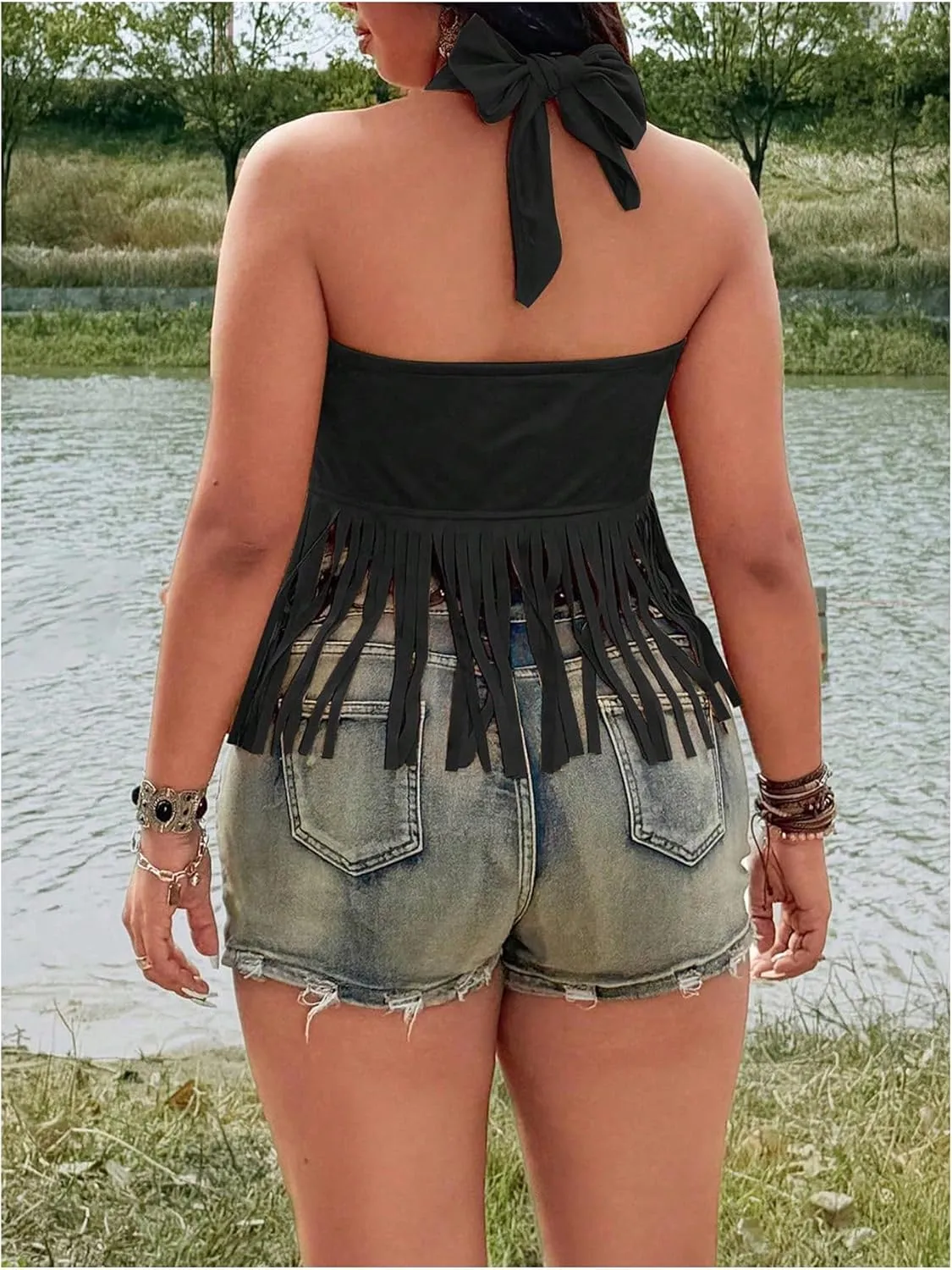 Women's Plus Size Tassel Halter Crop Tops Boho Hippie Fringe Tie Backless Cowgirl Tank Shirt 1970s Outfits