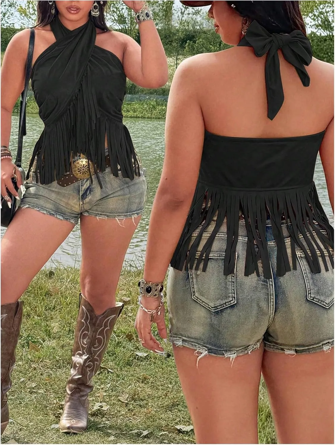Women's Plus Size Tassel Halter Crop Tops Boho Hippie Fringe Tie Backless Cowgirl Tank Shirt 1970s Outfits