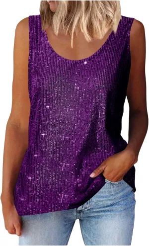 Women's Sequin Tank Top Summer Fashion Sparkly Sleeveless Tshirts Nightclub Party Glitter Scoop Neck Going Out Tops