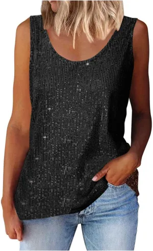Women's Sequin Tank Top Summer Fashion Sparkly Sleeveless Tshirts Nightclub Party Glitter Scoop Neck Going Out Tops