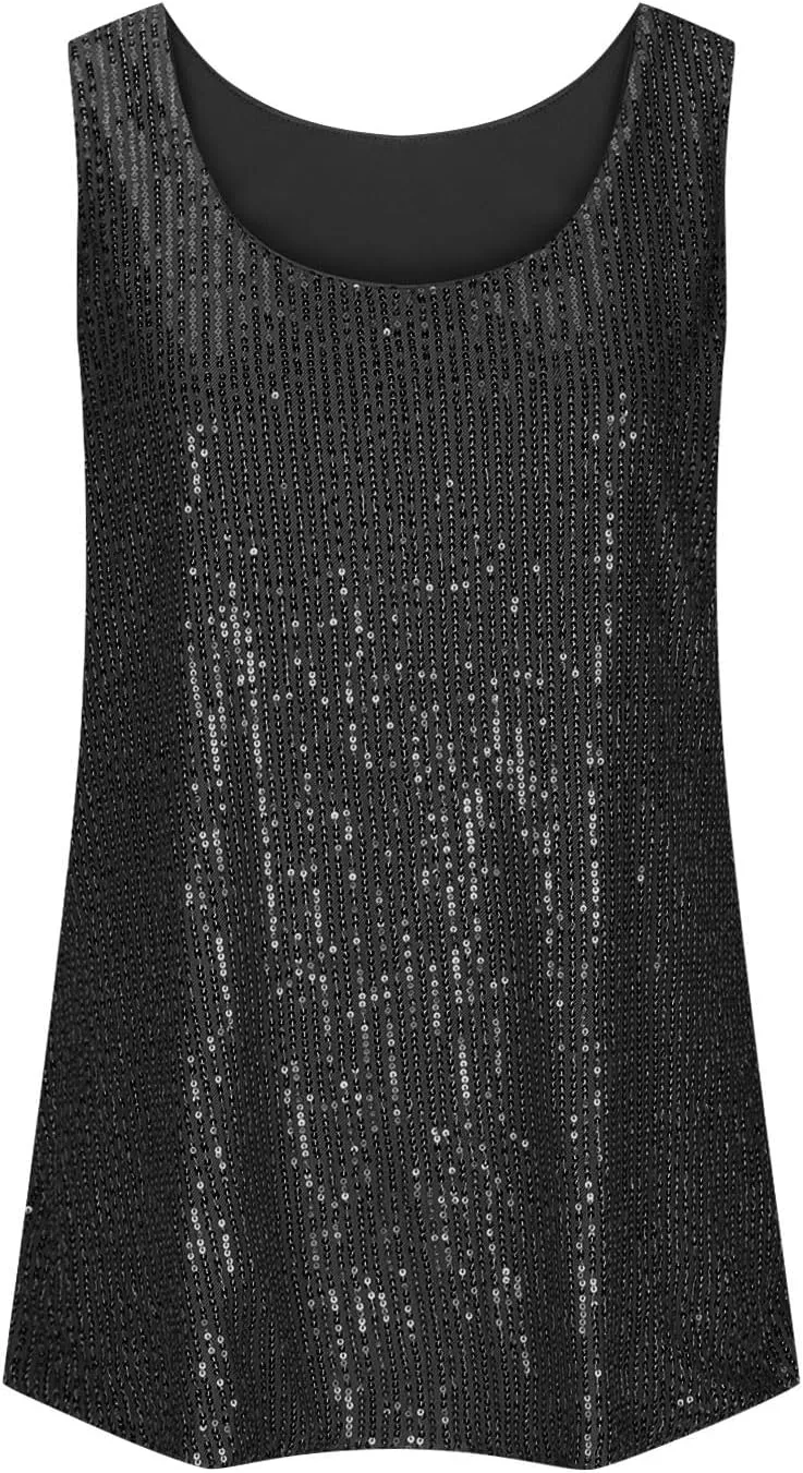 Women's Sequin Tank Top Summer Fashion Sparkly Sleeveless Tshirts Nightclub Party Glitter Scoop Neck Going Out Tops