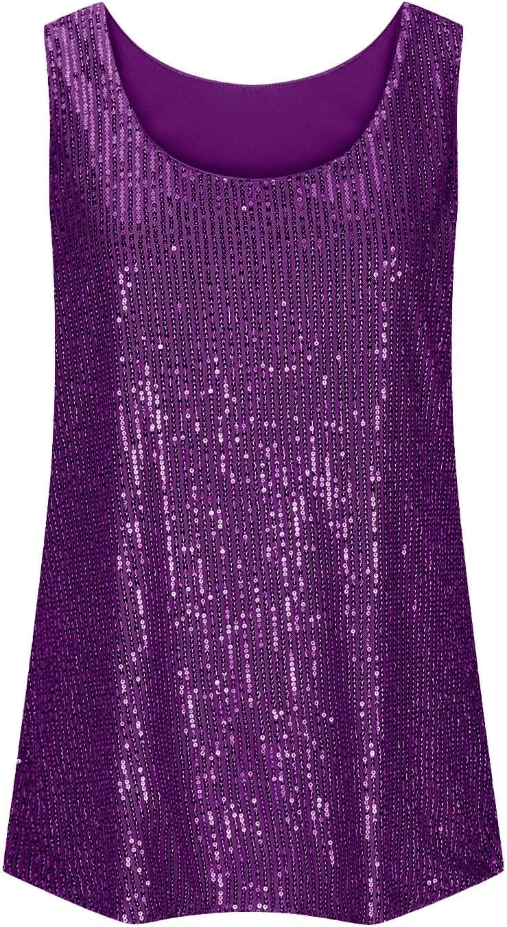 Women's Sequin Tank Top Summer Fashion Sparkly Sleeveless Tshirts Nightclub Party Glitter Scoop Neck Going Out Tops