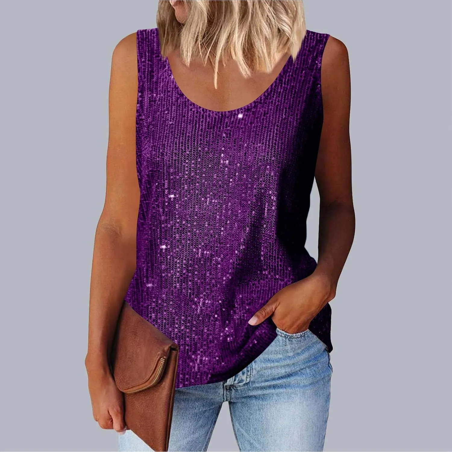 Women's Sequin Tank Top Summer Fashion Sparkly Sleeveless Tshirts Nightclub Party Glitter Scoop Neck Going Out Tops