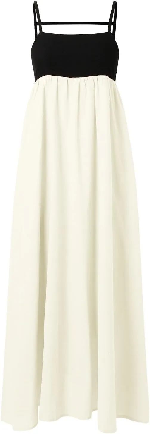 Women's Spaghetti Straps Maxi Dress Color Block Contrast Trim Dresses Summer Outfits Cotton Linen Sleeveless Long Dresses