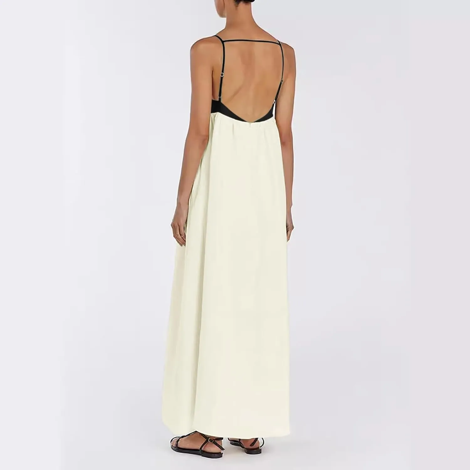 Women's Spaghetti Straps Maxi Dress Color Block Contrast Trim Dresses Summer Outfits Cotton Linen Sleeveless Long Dresses