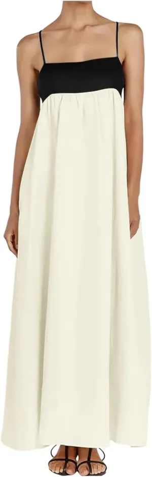 Women's Spaghetti Straps Maxi Dress Color Block Contrast Trim Dresses Summer Outfits Cotton Linen Sleeveless Long Dresses