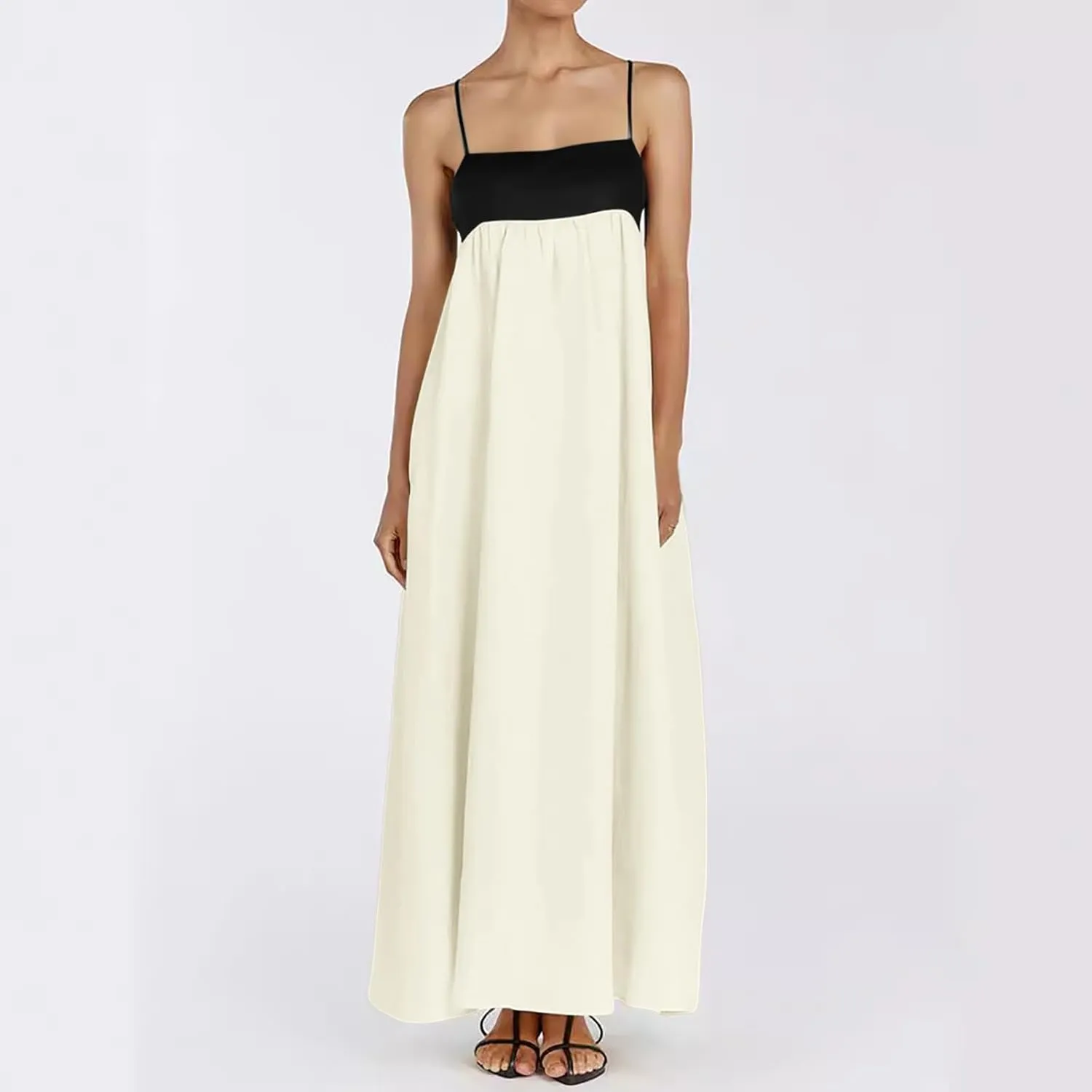 Women's Spaghetti Straps Maxi Dress Color Block Contrast Trim Dresses Summer Outfits Cotton Linen Sleeveless Long Dresses