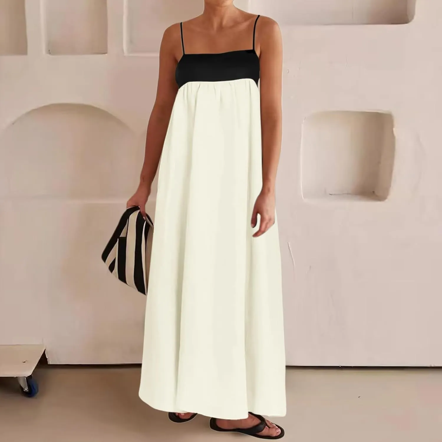 Women's Spaghetti Straps Maxi Dress Color Block Contrast Trim Dresses Summer Outfits Cotton Linen Sleeveless Long Dresses