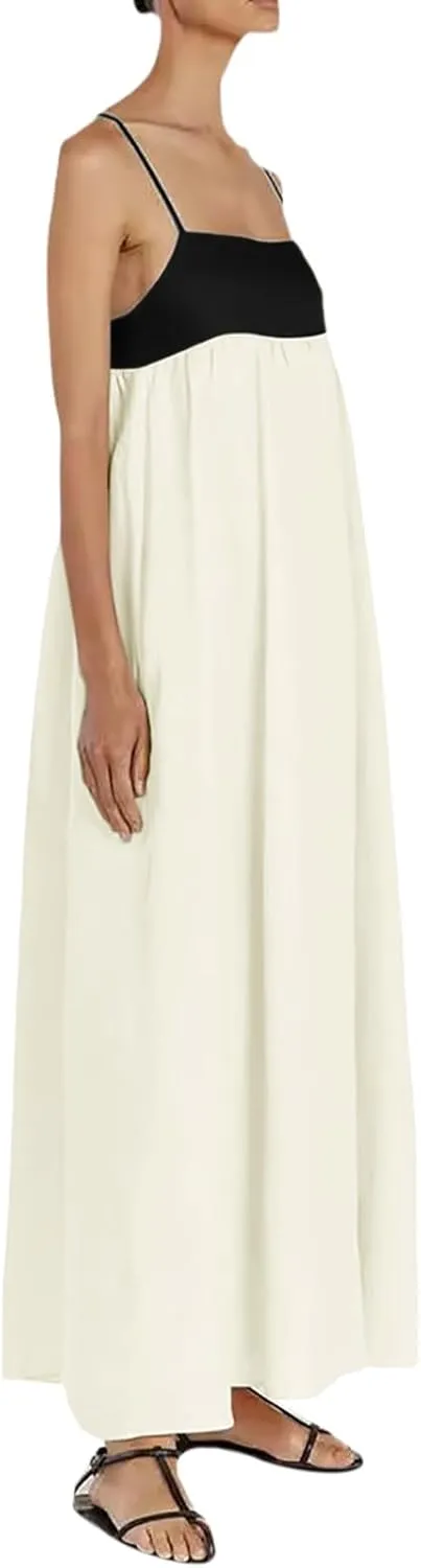 Women's Spaghetti Straps Maxi Dress Color Block Contrast Trim Dresses Summer Outfits Cotton Linen Sleeveless Long Dresses