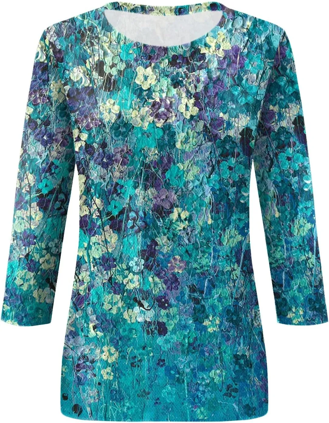 Womens Summer 3/4 Sleeve Tops 2025 Floral Print Round Neck Shirts Loose Fit Three Quarter Sleeve Tshirts