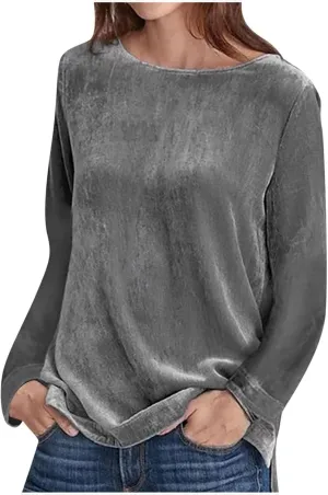 Women's Velour Sweatshirts Crewneck Long Sleeve Casual Pullover Winter Fall 2024 Holiday Soft Warm Shirts Velvet Tops