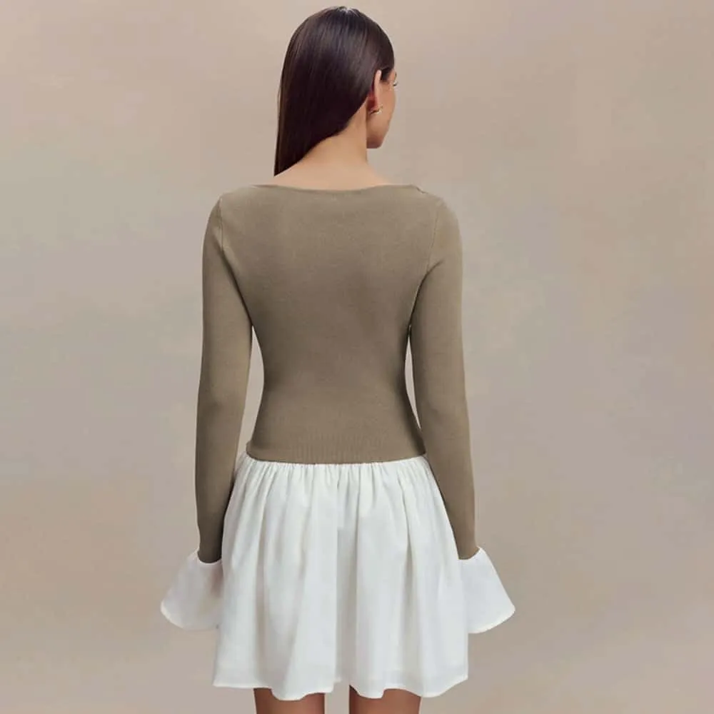 YOXUA Women's Elegant Crew Neck Horn Long Sleeve Patchwork Sweatshirt Dress Basic Bodycon Mini Dress