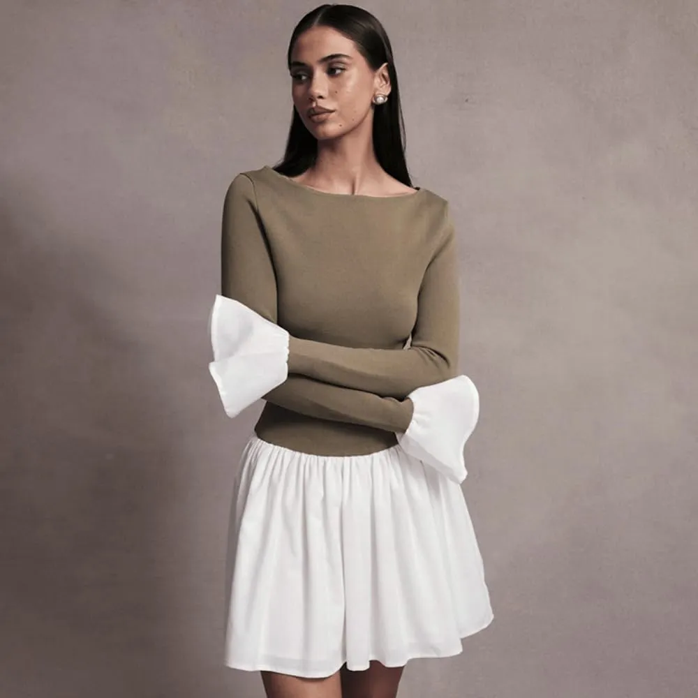 YOXUA Women's Elegant Crew Neck Horn Long Sleeve Patchwork Sweatshirt Dress Basic Bodycon Mini Dress