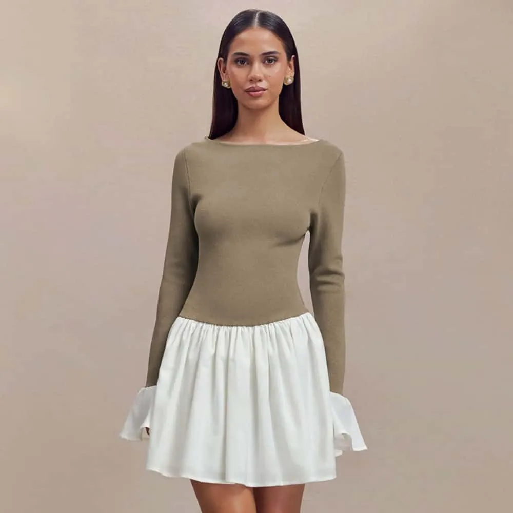 YOXUA Women's Elegant Crew Neck Horn Long Sleeve Patchwork Sweatshirt Dress Basic Bodycon Mini Dress