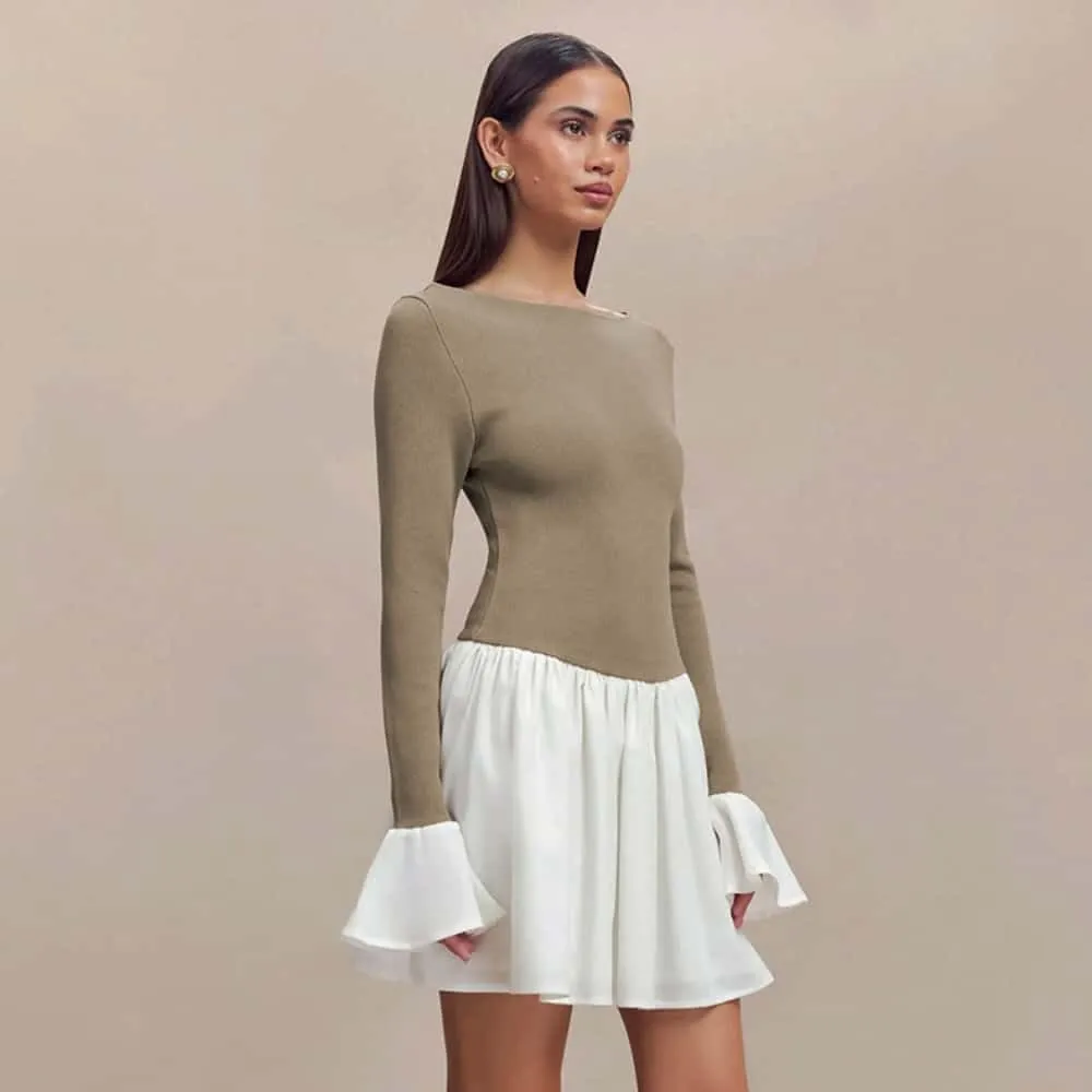 YOXUA Women's Elegant Crew Neck Horn Long Sleeve Patchwork Sweatshirt Dress Basic Bodycon Mini Dress